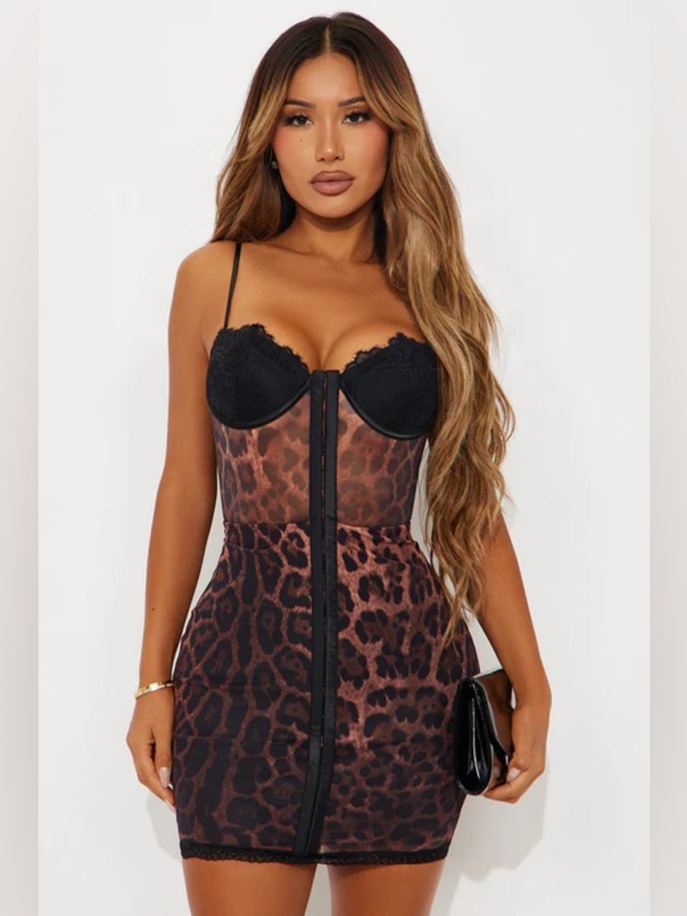🐆🐆Leopard-Print Lace Bustier Slip Dress - Black/Brown